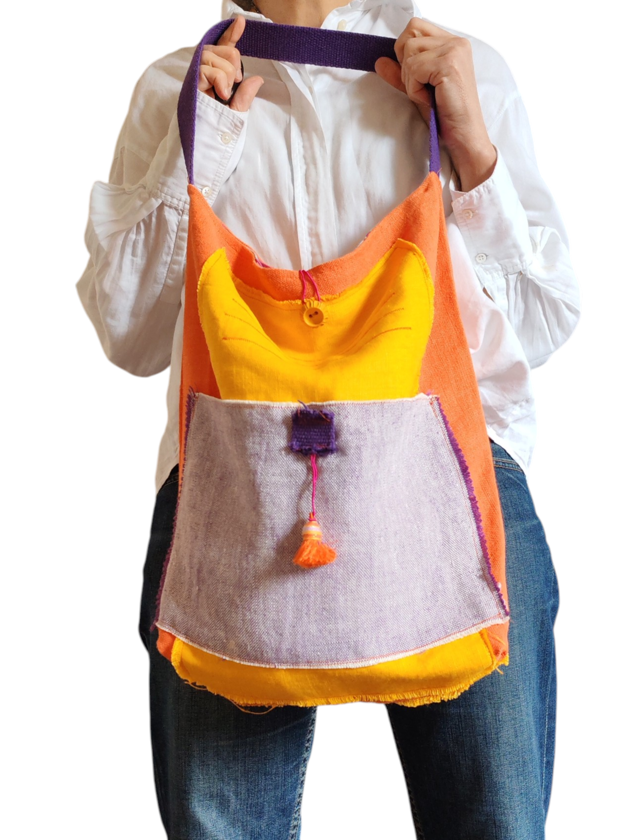 Borsa in lino con tasca esterna
